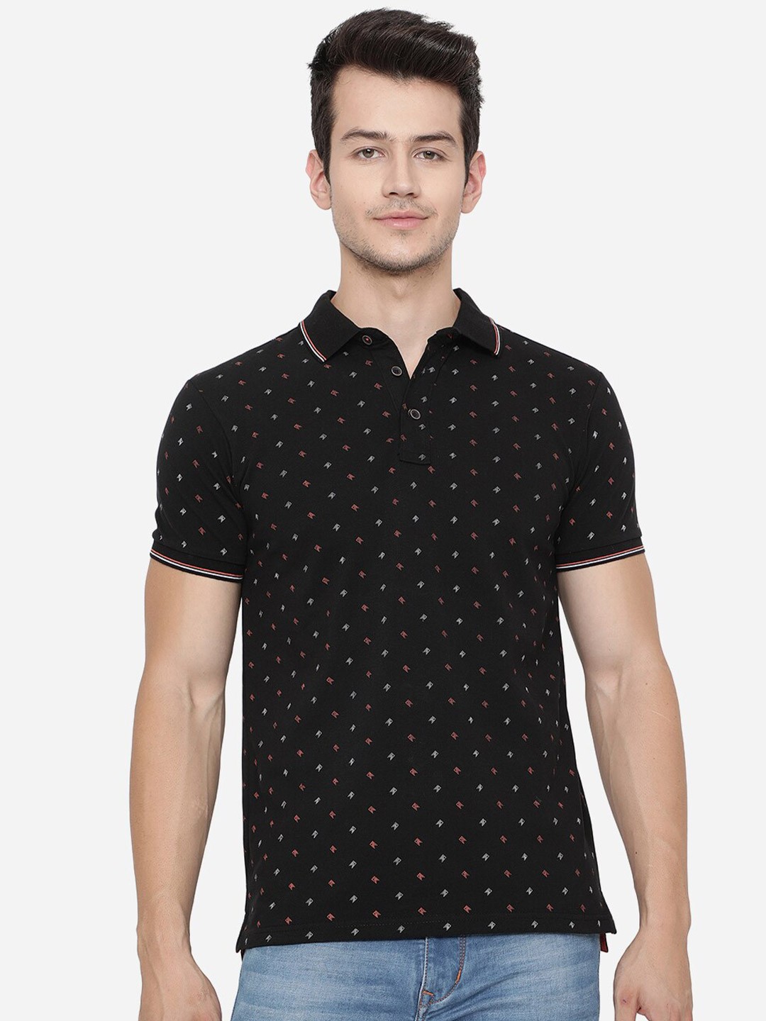 

JADE BLUE Men Black Printed Polo Collar Slim Fit T-shirt