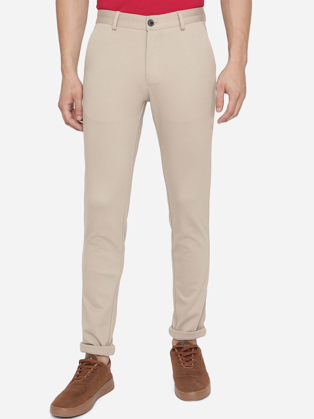 

JADE BLUE Men Beige Slim Fit Wrinkle Free Casual Trousers