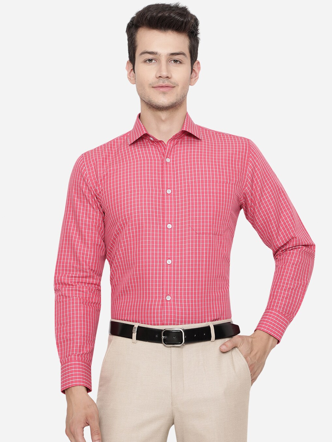 

JADE BLUE Men Pink Grid Tattersall Checks Formal Shirt