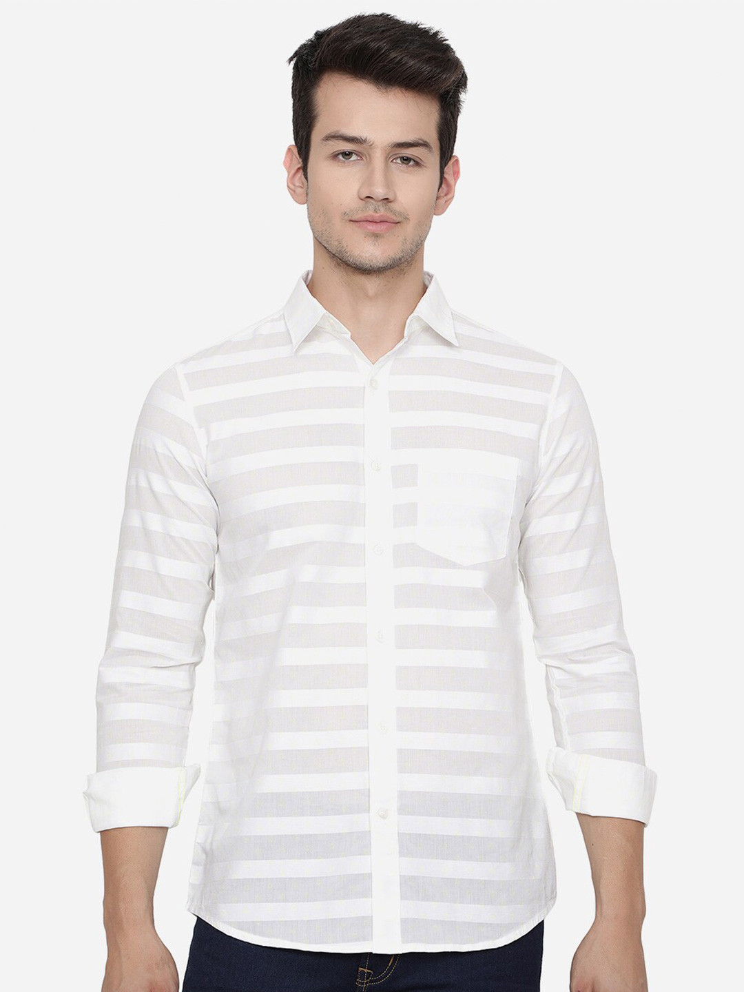 

JADE BLUE Men White Slim Fit Horizontal Stripes Casual Shirt