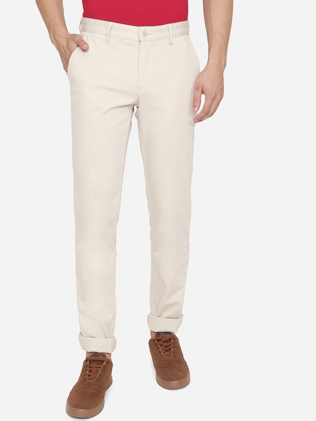 

Greenfibre Men Beige Slim Fit Wrinkle Free Casual Trousers