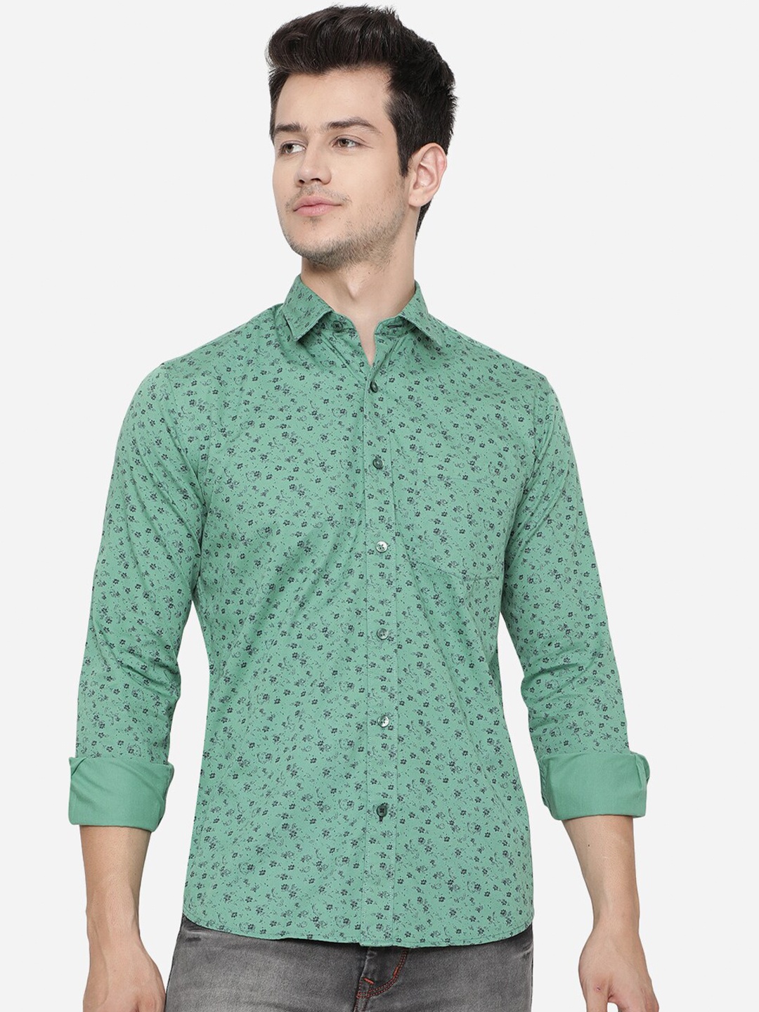 

Greenfibre Men Green Slim Fit Floral Printed Casual Shirt