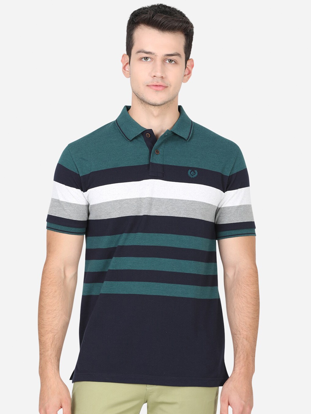 

Greenfibre Men Green & White Striped Polo Collar Slim Fit T-shirt