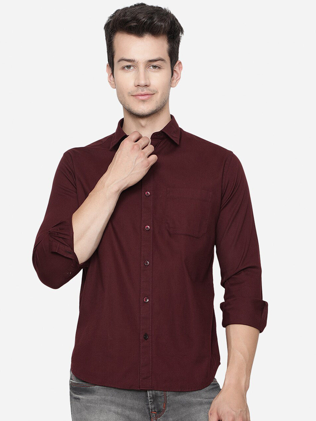 

Greenfibre Men Maroon Solid Cotton Full Sleeve Casual Shirt