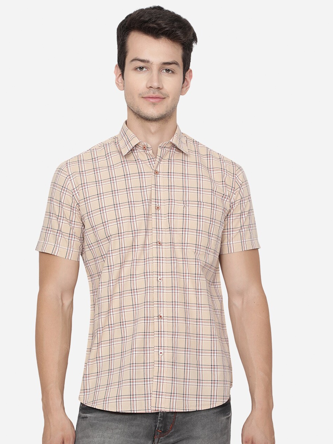 

Greenfibre Men Slim Fit Tartan Checks Casual Shirt, Beige