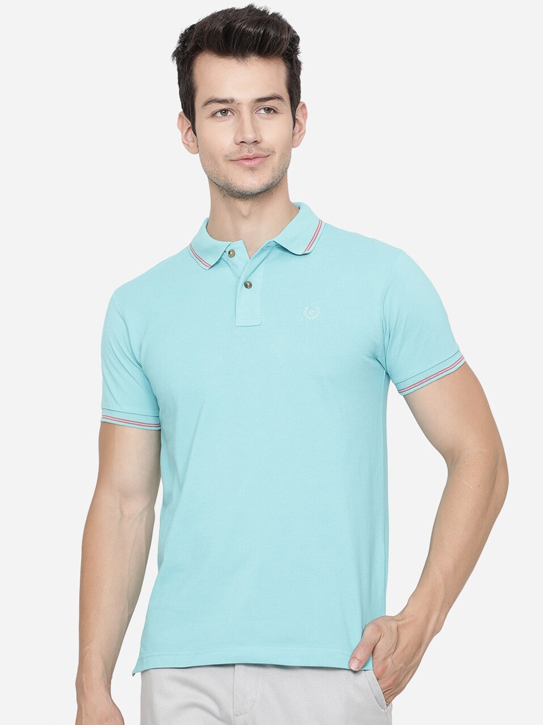 

Greenfibre Men Blue Polo Collar Slim Fit T-shirt