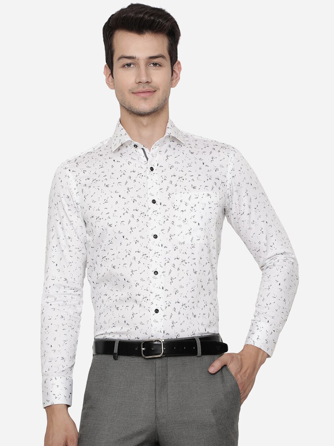 

Greenfibre Men White Slim Fit Printed Pure Cotton Formal Shirt