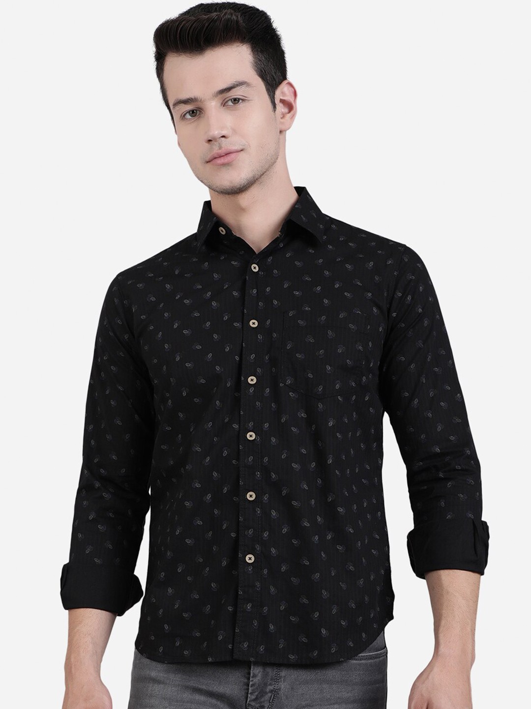 

Greenfibre Men Black Slim Fit Printed Pure Cotton Casual Shirt