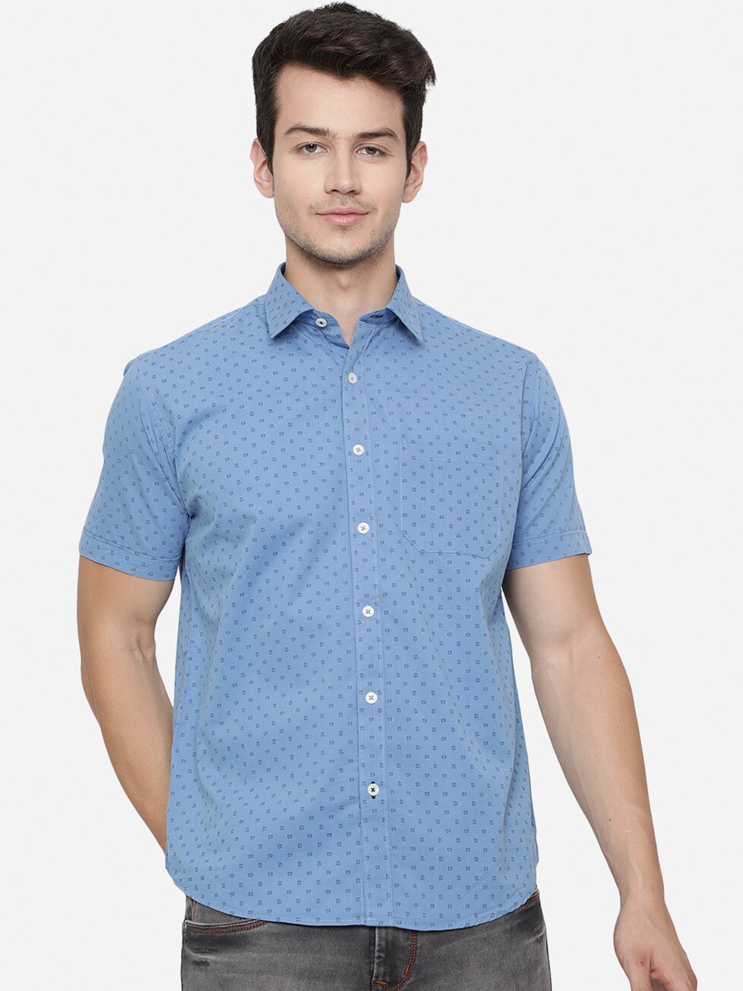 

Greenfibre Men Blue Slim Fit Printed Pure Cotton Casual Shirt