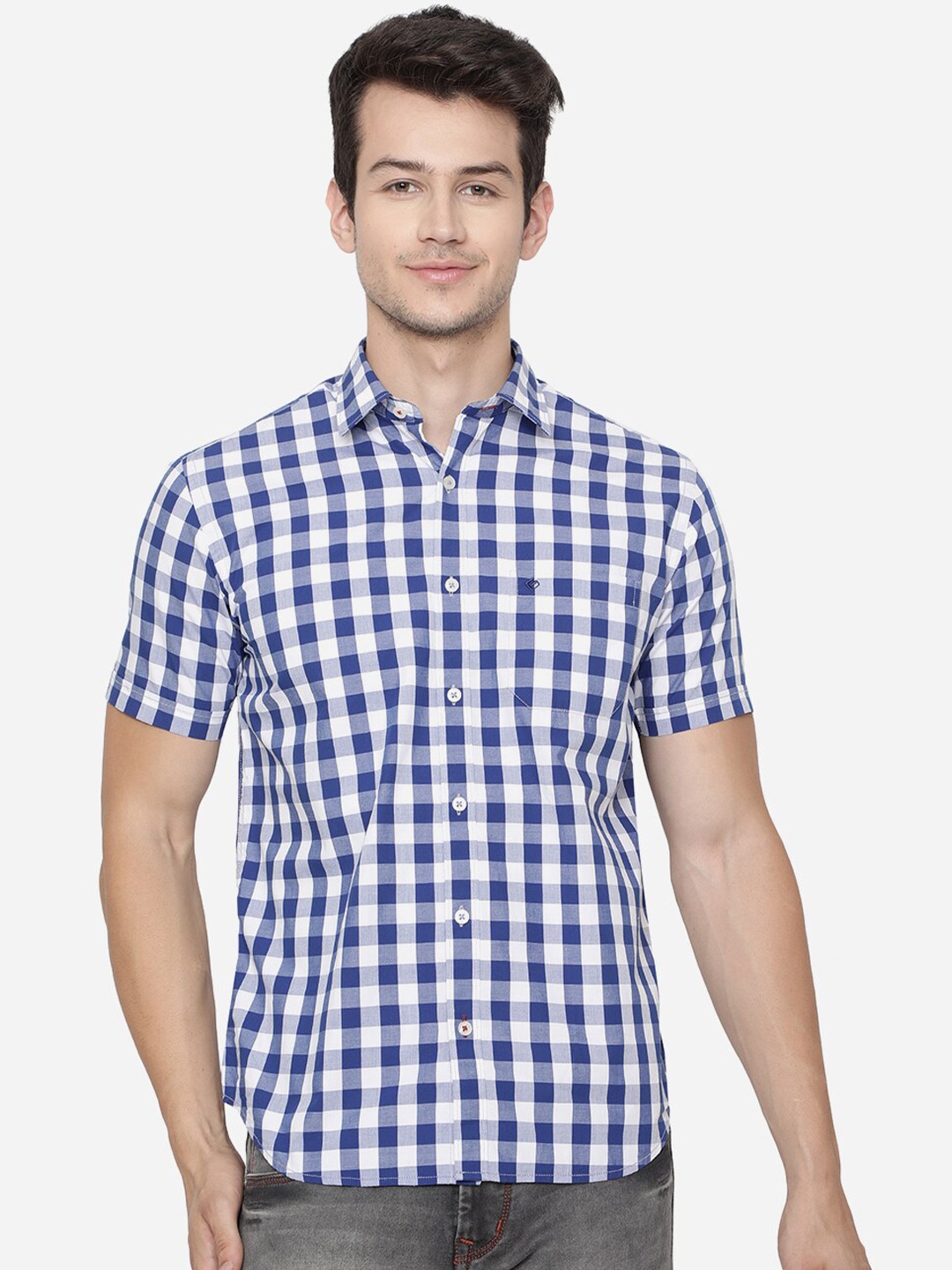 

Greenfibre Men Blue Gingham Checked Pure Cotton Casual Shirt