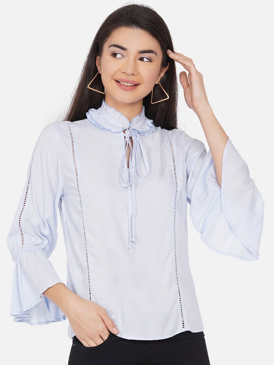 

DIVA WALK EXCLUSIVE Blue Solid Tie-Up Neck Top