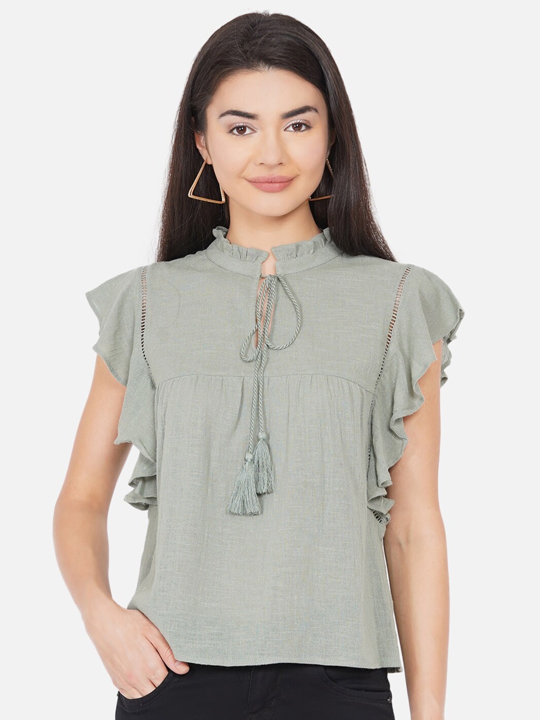 

DIVA WALK EXCLUSIVE Olive Green Tie-Up Neck Pure Cotton Top