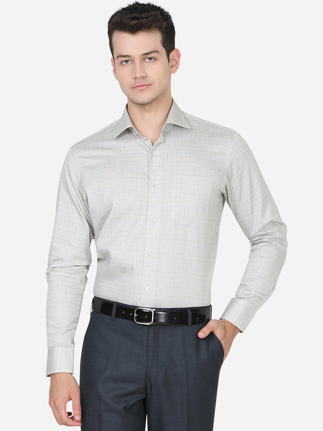 

METAL Men Green Slim Fit Grid Tattersall Checked Pure Cotton Formal Shirt