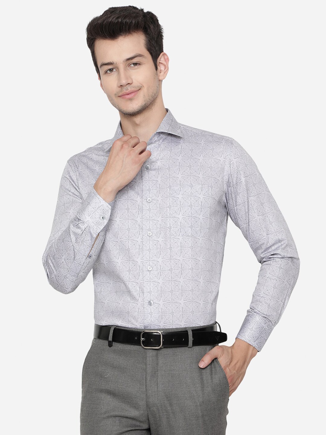 

METAL Men Grey Slim Fit Printed Pure Cotton Formal Shirt