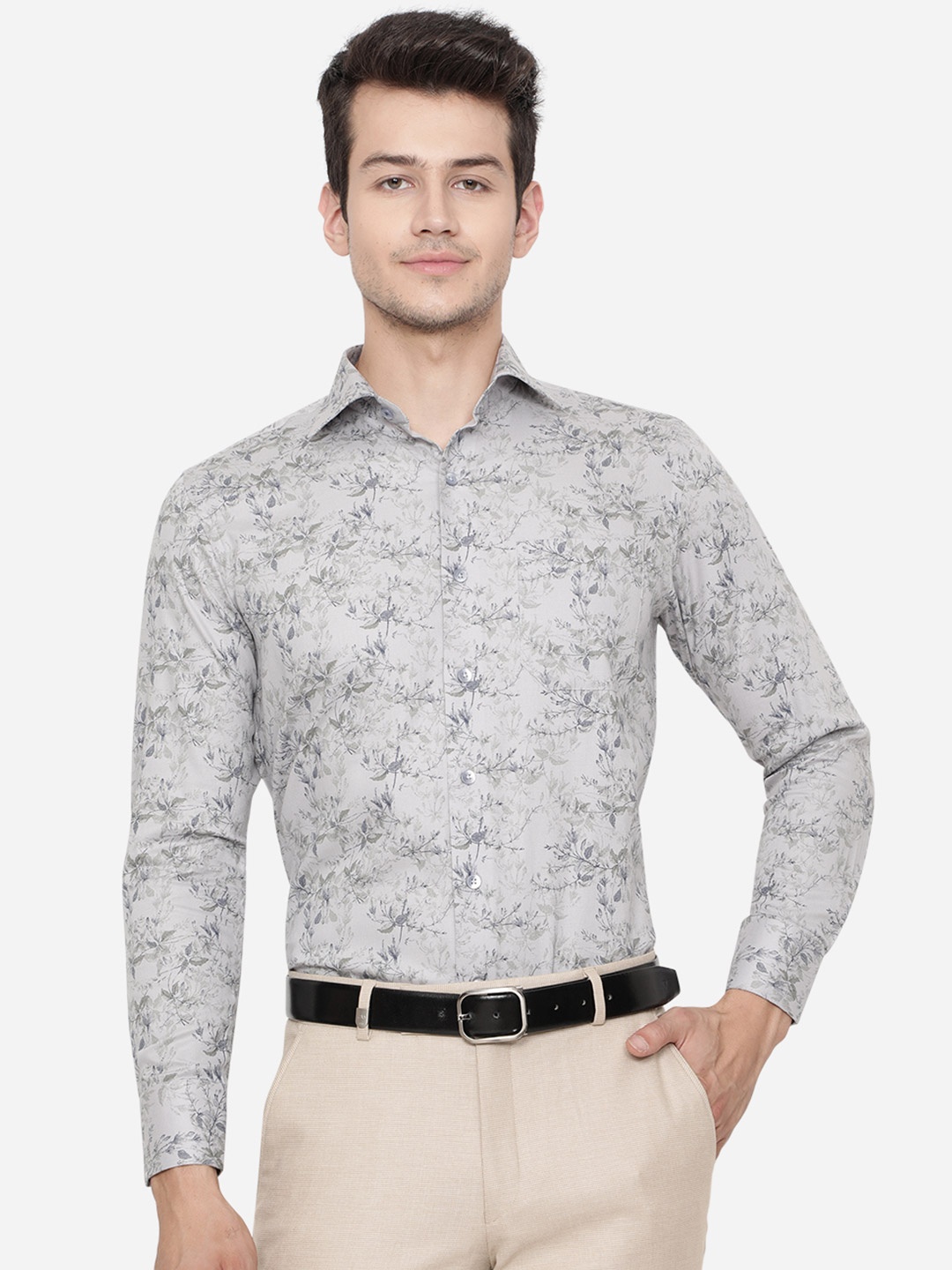 

METAL Men Grey Slim Fit Floral Printed Formal Shirt