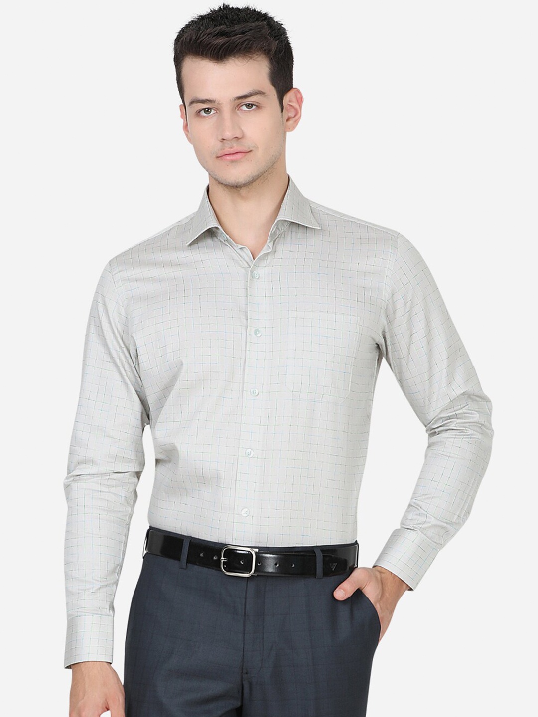 

METAL Men Green Slim Fit Grid Tattersall Checked Pure Cotton Formal Shirt