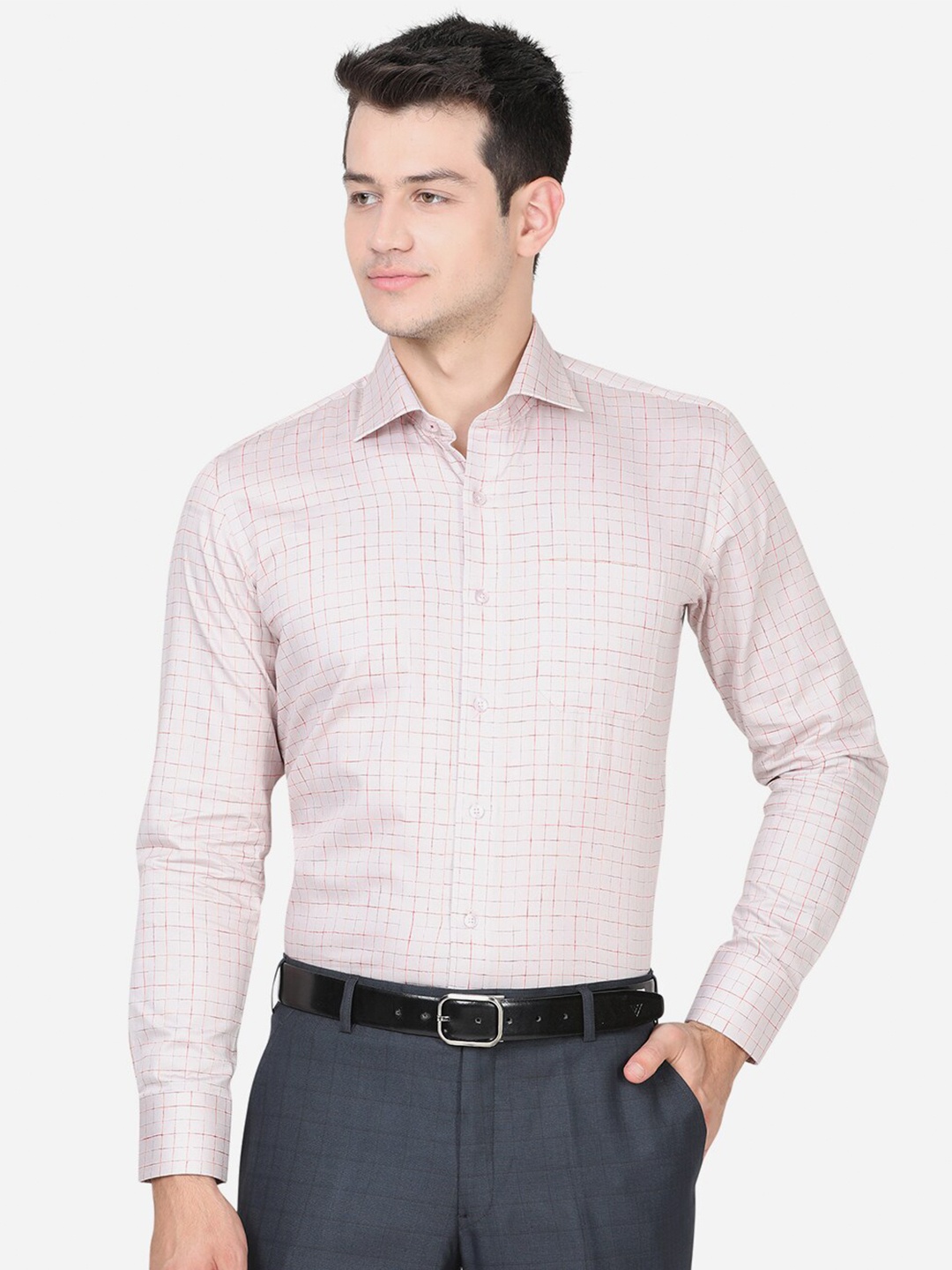 

METAL Men Pink Slim Fit Grid Tattersall Checked Pure Cotton Formal Shirt