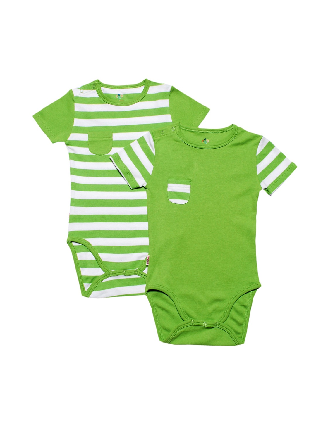 

candy cot Infant Pack Of 2 Green & White Striped Printed Organic Cotton Bodysuit