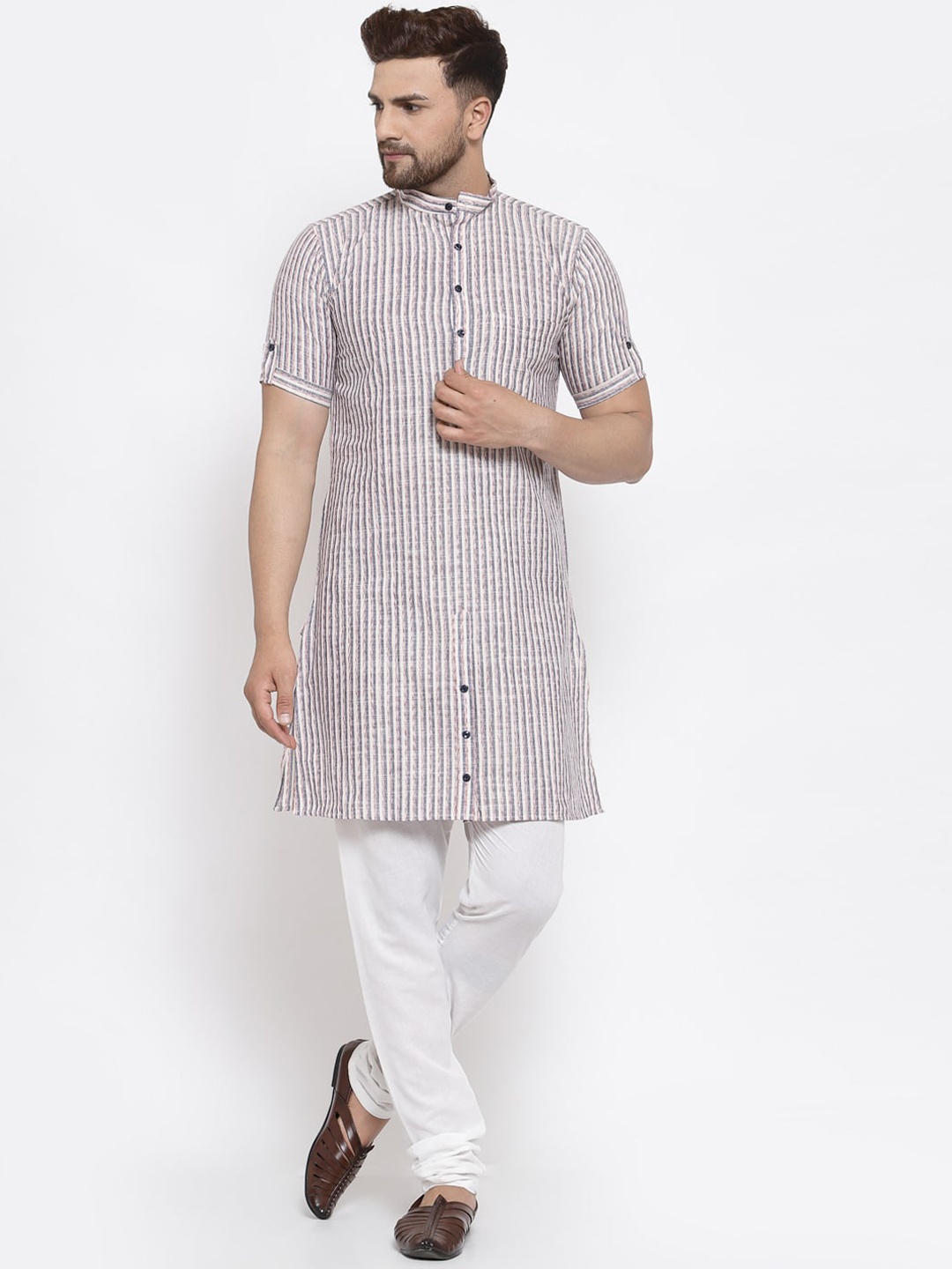 

KLOTTHE Men Grey & White Striped Kurta