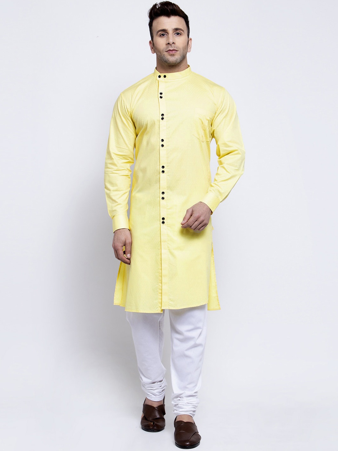 

KLOTTHE Men Yellow Solid Thread Work Kurta