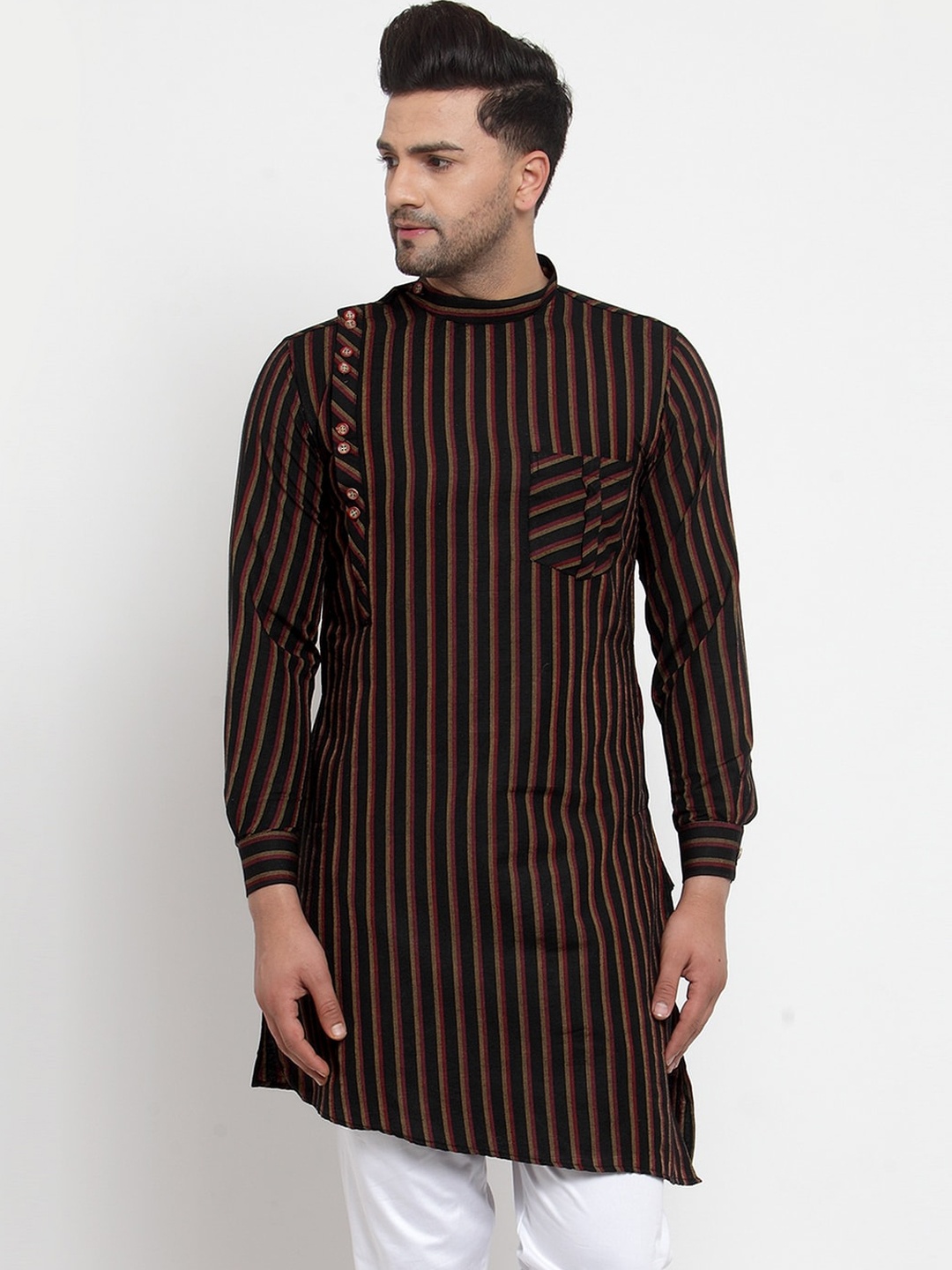 

KLOTTHE Men Black Striped Asymmetric Kurta