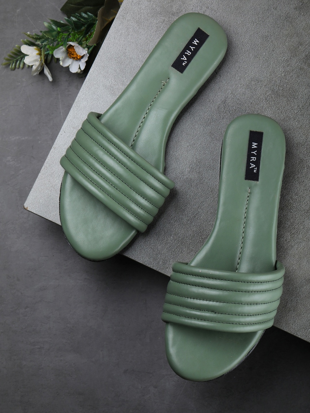 

Myra Women Green Striped Slide Flats