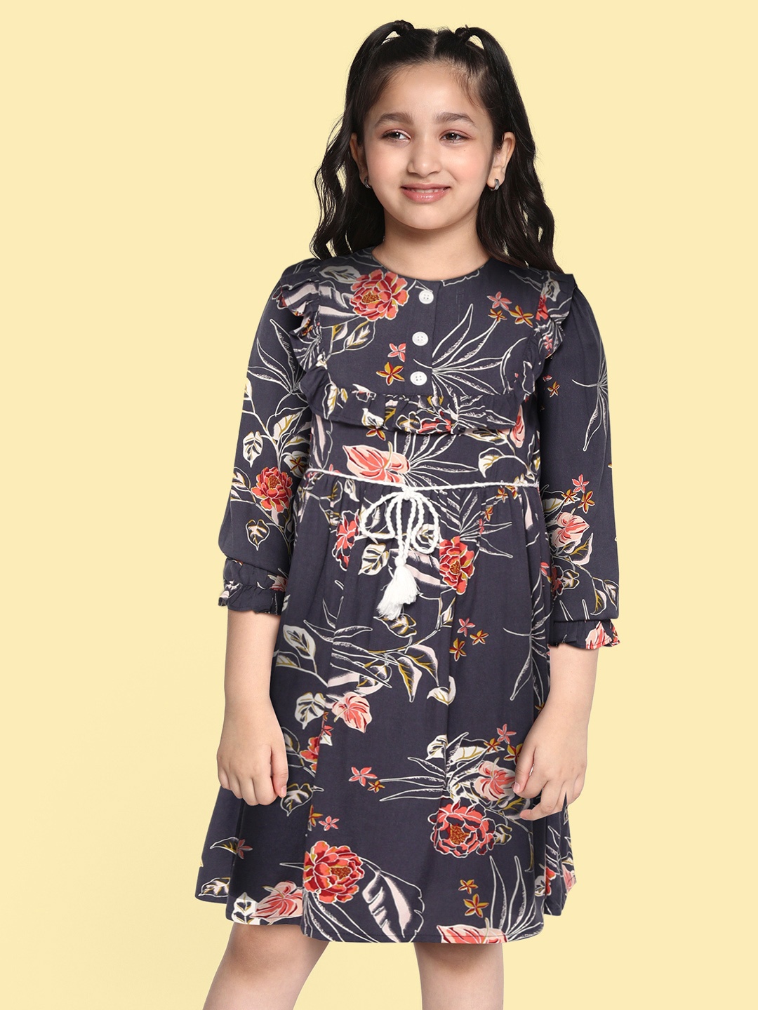 

Bella Moda Navy Blue & Pink Floral A-Line Dress