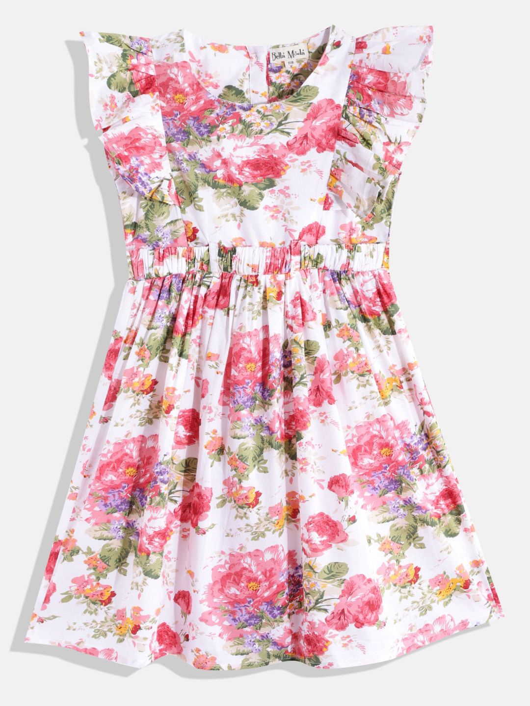 

Bella Moda White & Pink Cotton Floral A-Line Dress