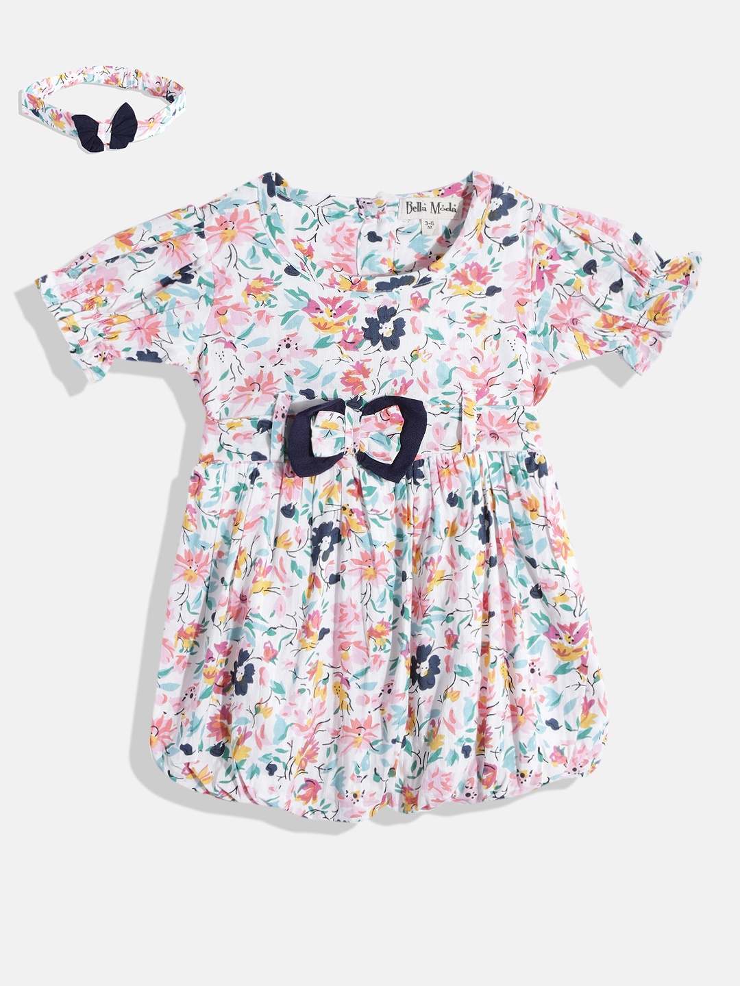 

Bella Moda White & Blue Cotton Floral A-Line Dress with Head Band