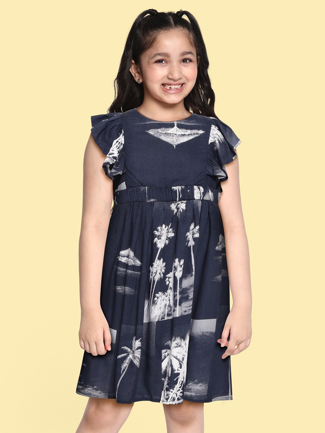 

Bella Moda Navy Blue & Off White Cotton Floral A-Line Dress