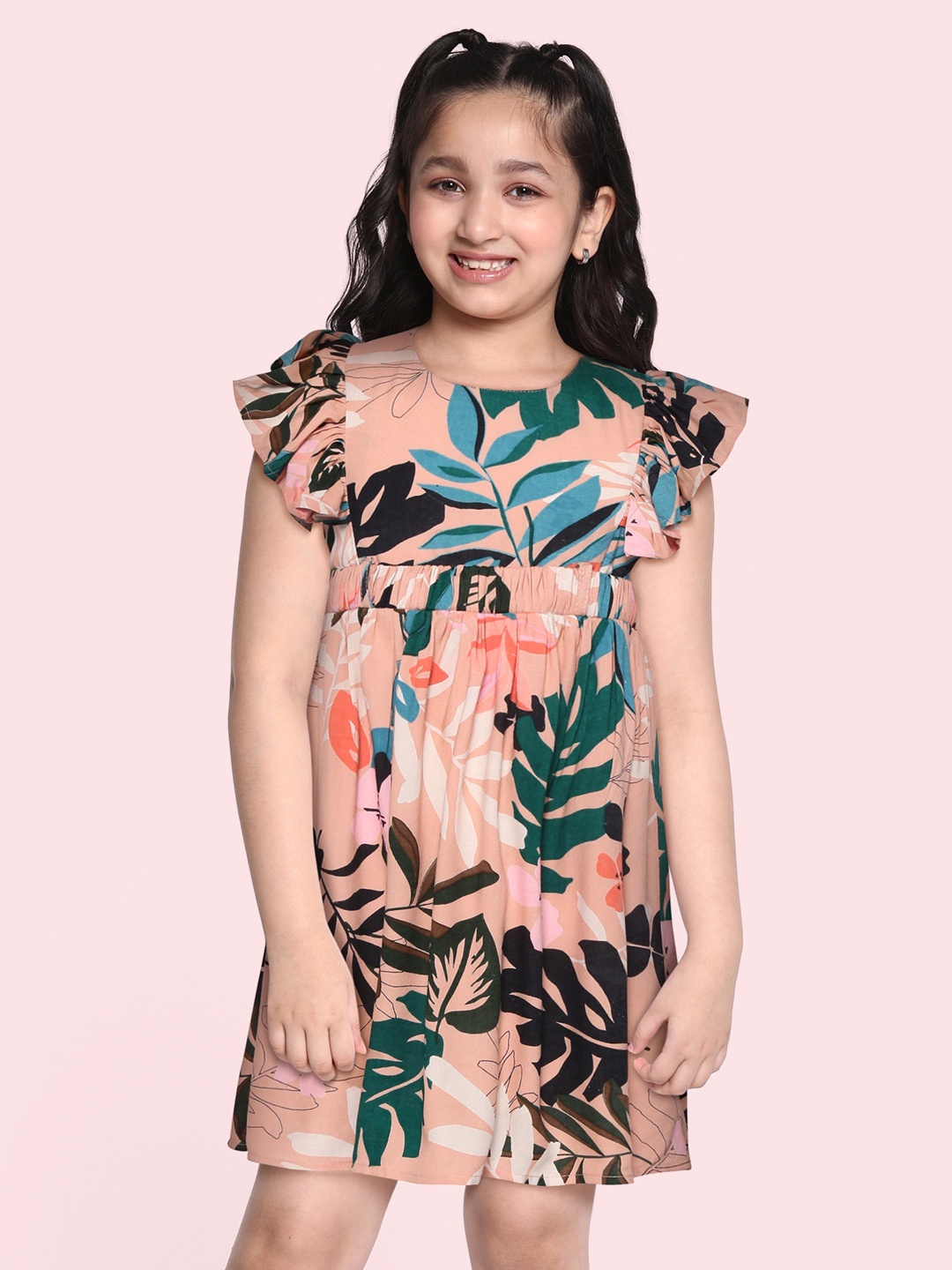 

Bella Moda Peach-Coloured & Teal Floral A-Line Dress