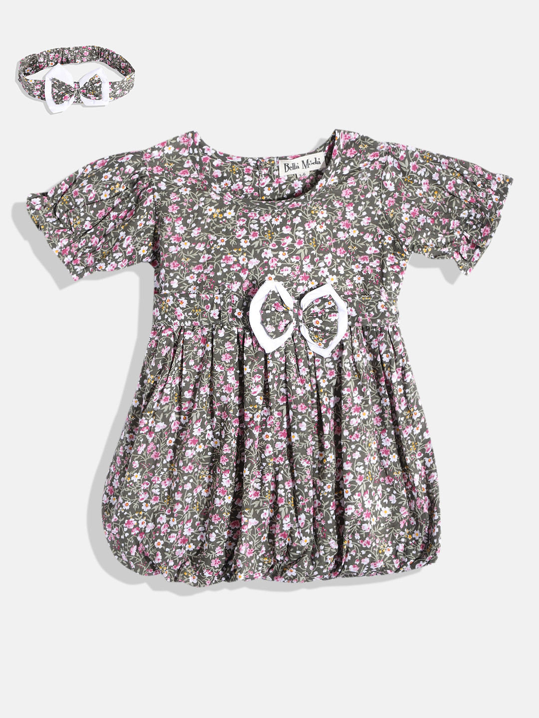

Bella Moda Olive Green & Pink Cotton Floral A-Line Dress with Head Band