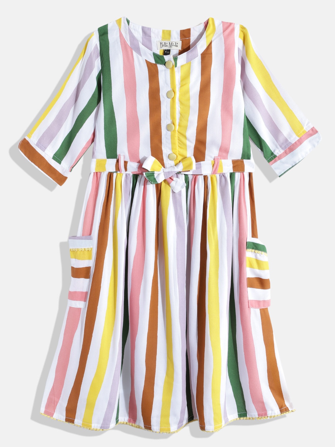 

Bella Moda White & Yellow Striped Pure Cotton Dress