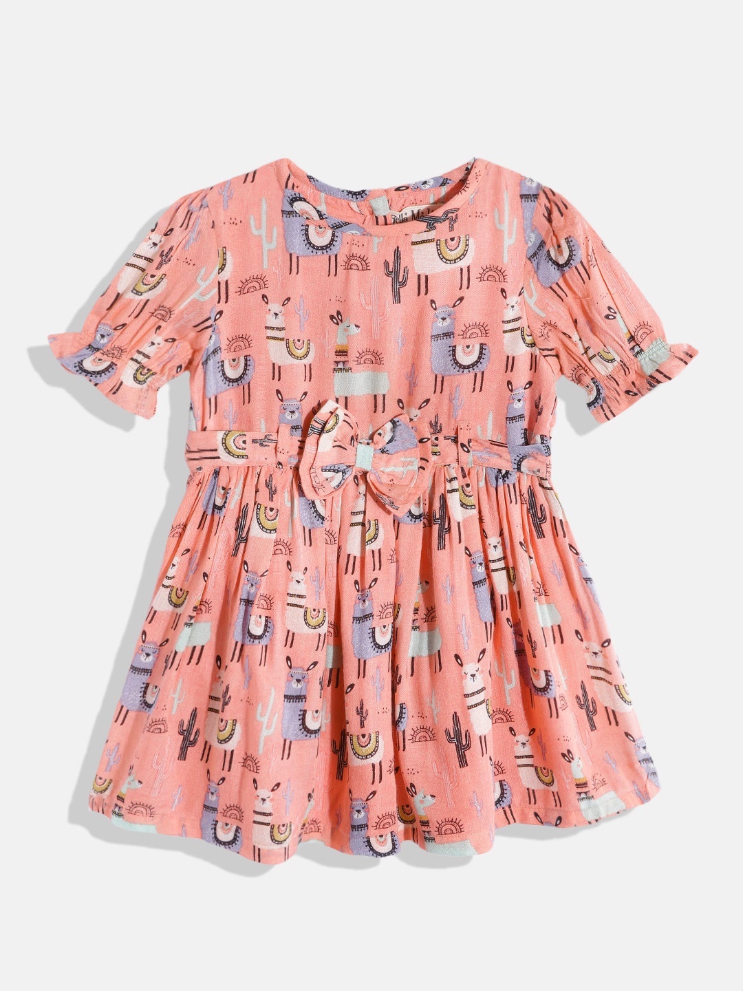 

Bella Moda Peach-Coloured & Blue Pure Cotton Dress