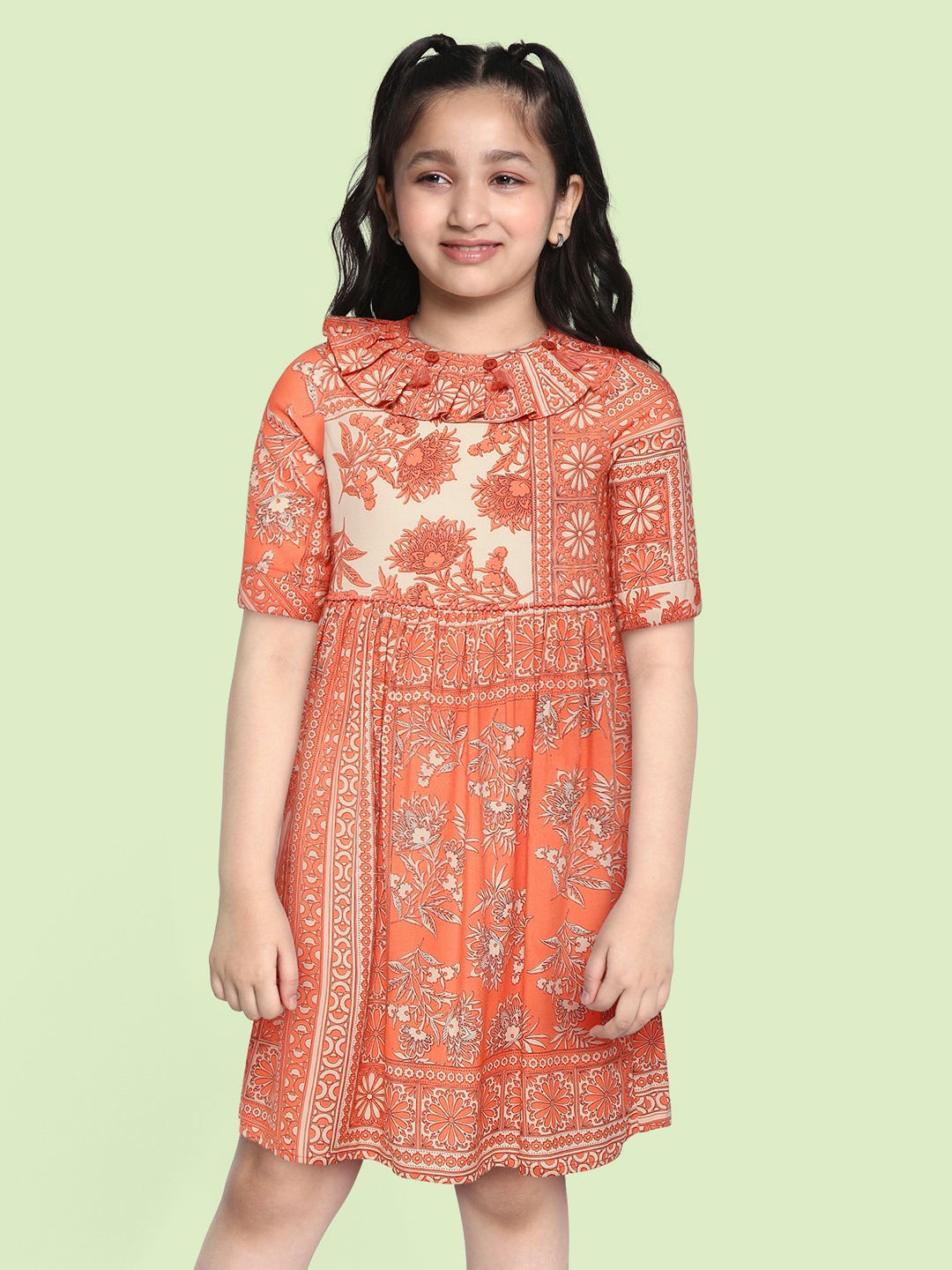 

Bella Moda Orange & Off White Ethnic Motifs A-Line Dress