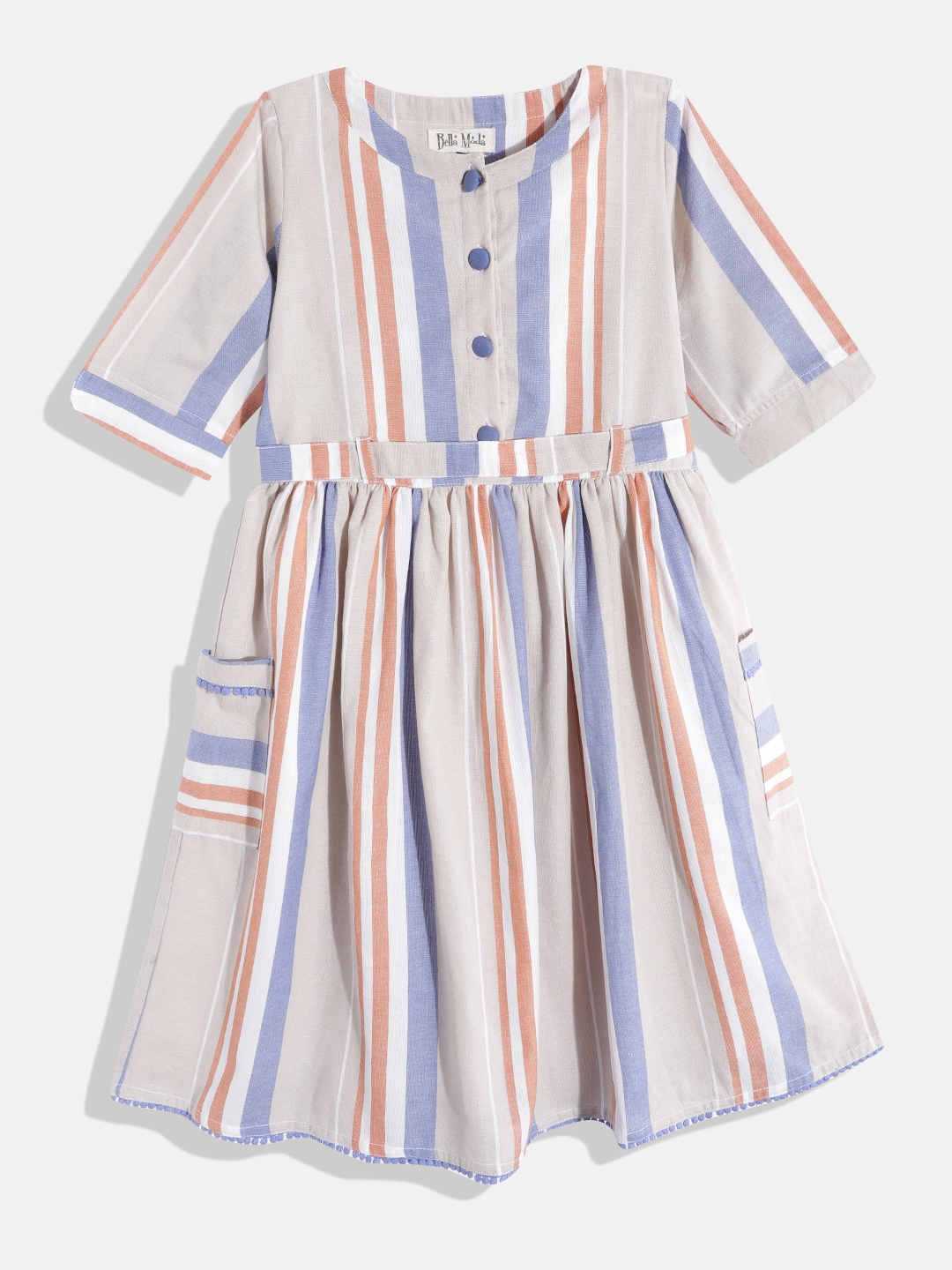 

Bella Moda Grey & Blue Striped Pure Cotton Dress