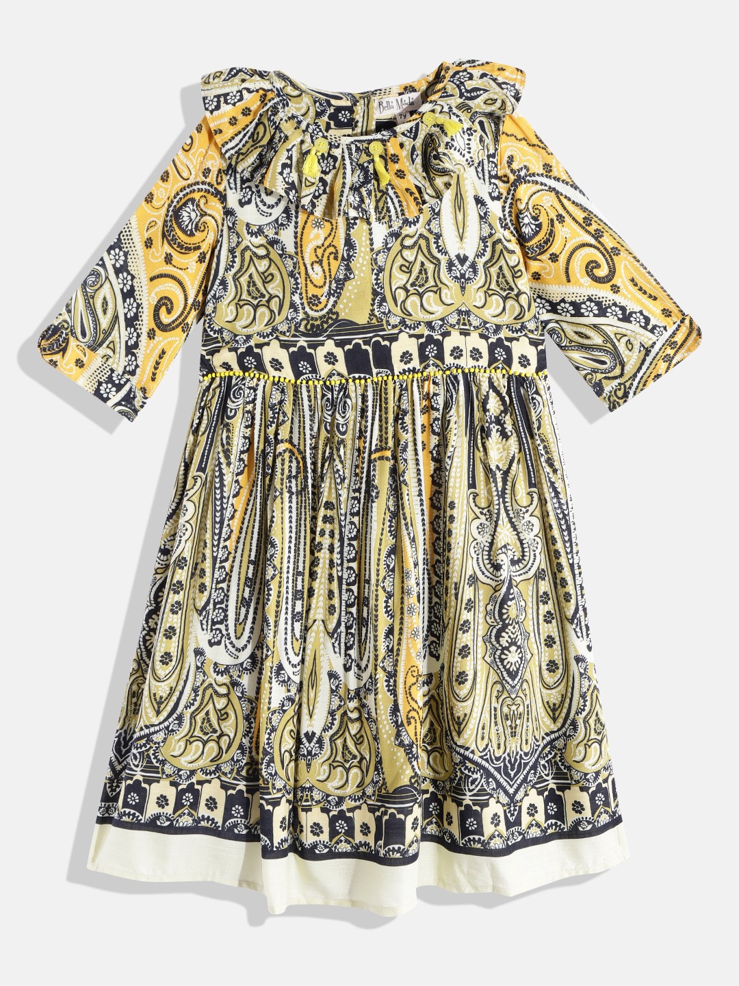 

Bella Moda Yellow & Navy Blue Cotton Ethnic Motifs A-Line Dress