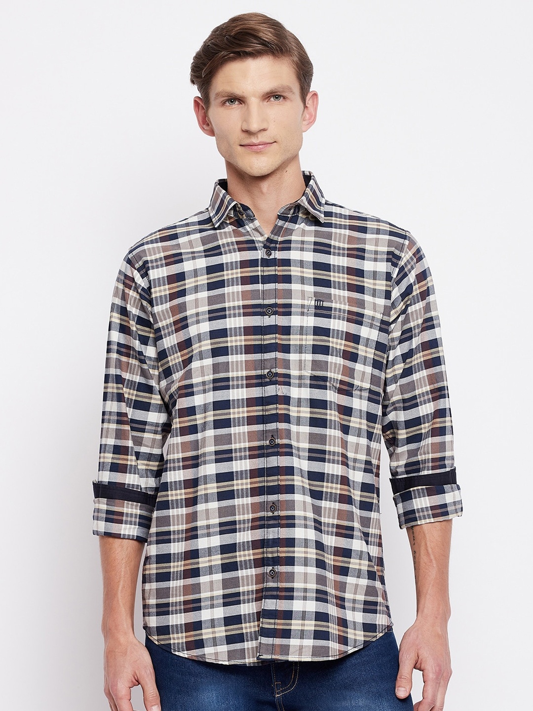 

Duke Men Grey Slim Fit Tartan Checked Casual Shirt