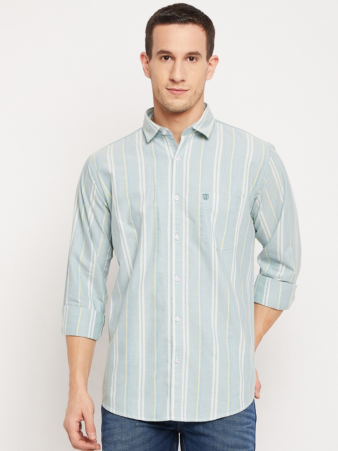 

Duke Men Sea Green Slim Fit Striped Casual Shirt