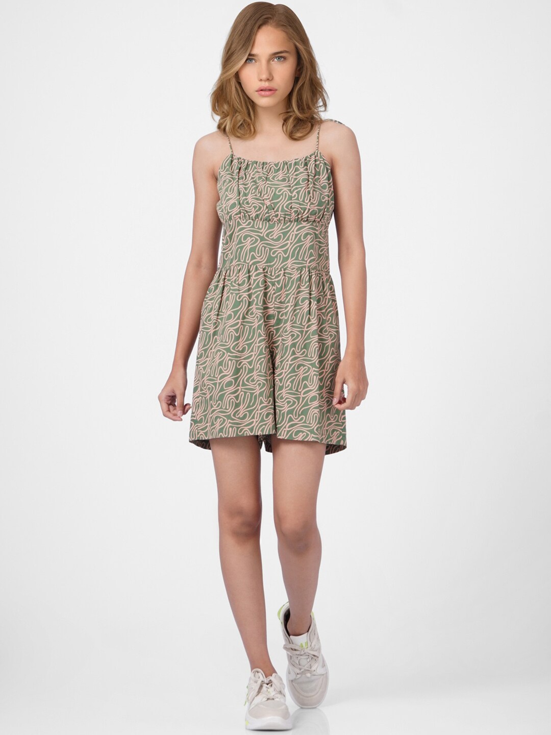 

ONLY Green & Pink Abstract Printed Basic Jumpsuit