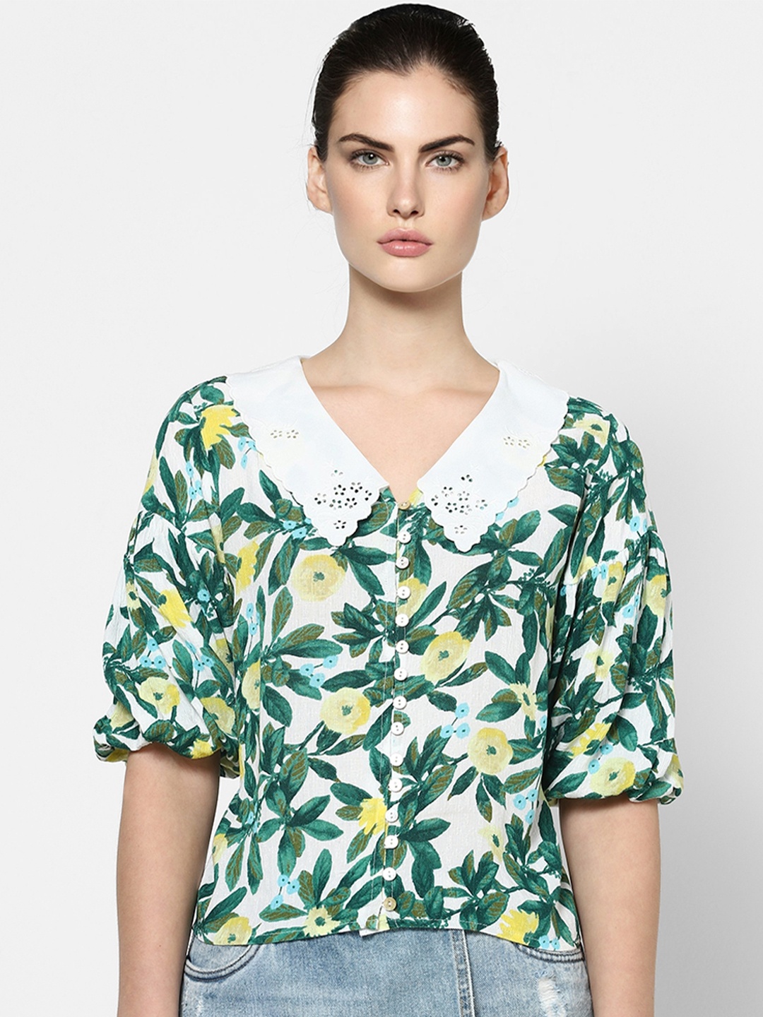 

ONLY White & Green Floral Printed Peter Pan Collar Crop Top