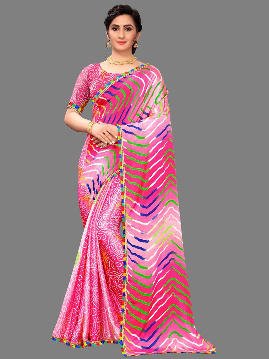 

LAHEJA Pink & Green Striped Saree