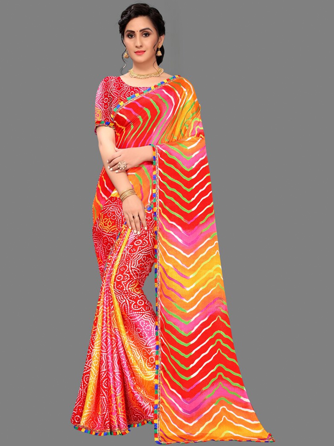 

LAHEJA Orange & Green Leheriya Saree