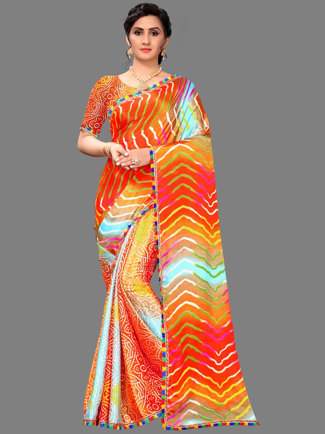 

LAHEJA Orange & Green Leheriya Saree