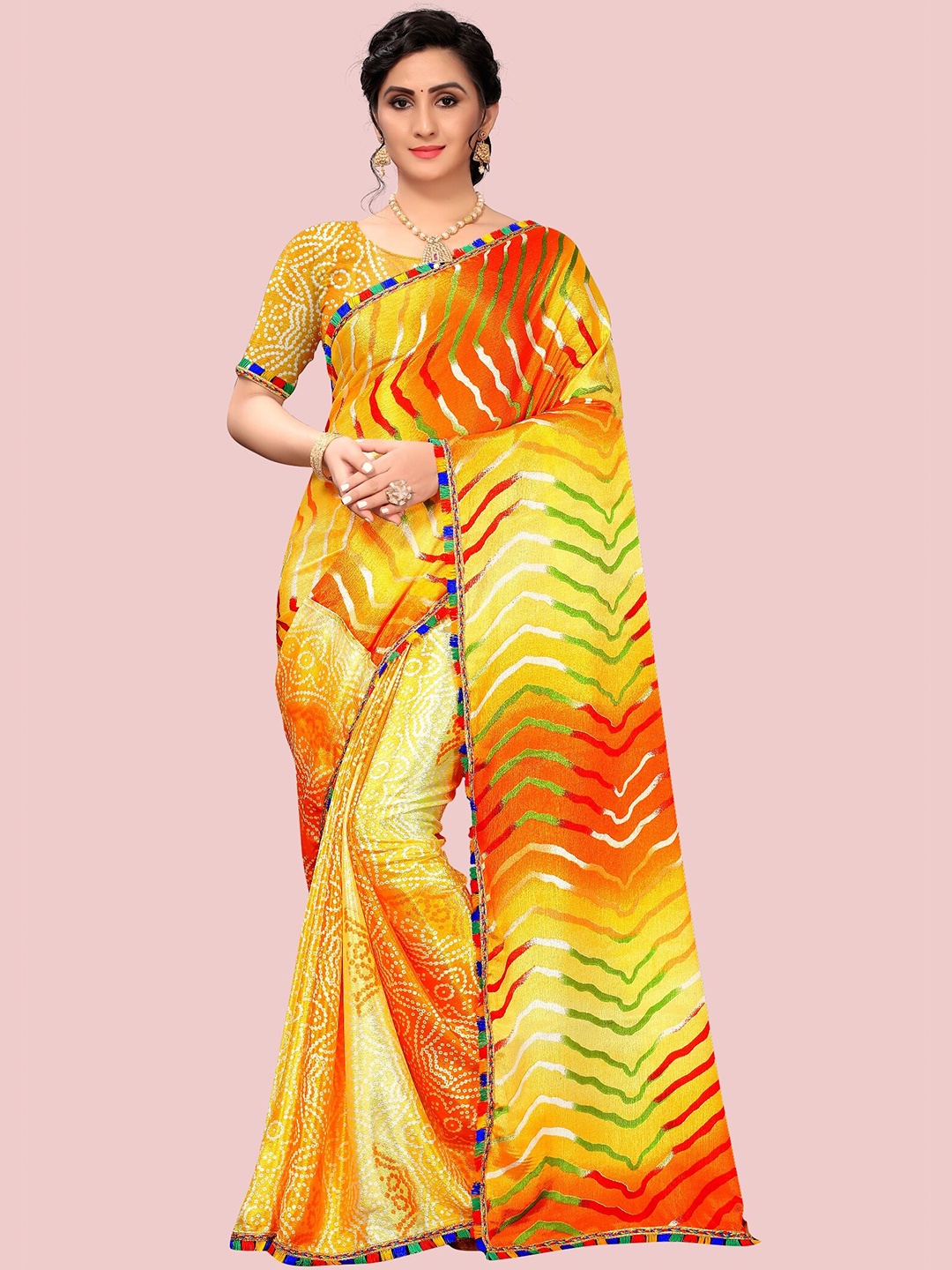 

LAHEJA Yellow & Green Striped Saree
