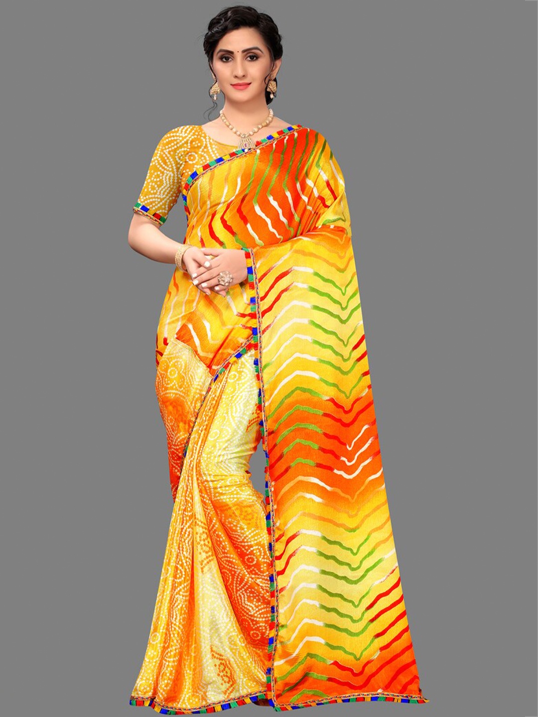 

LAHEJA Yellow & Green Striped Poly Silk Saree