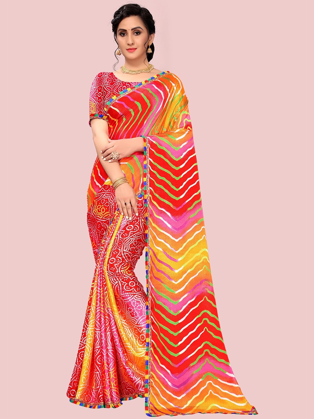 

LAHEJA Orange & Green Striped Saree
