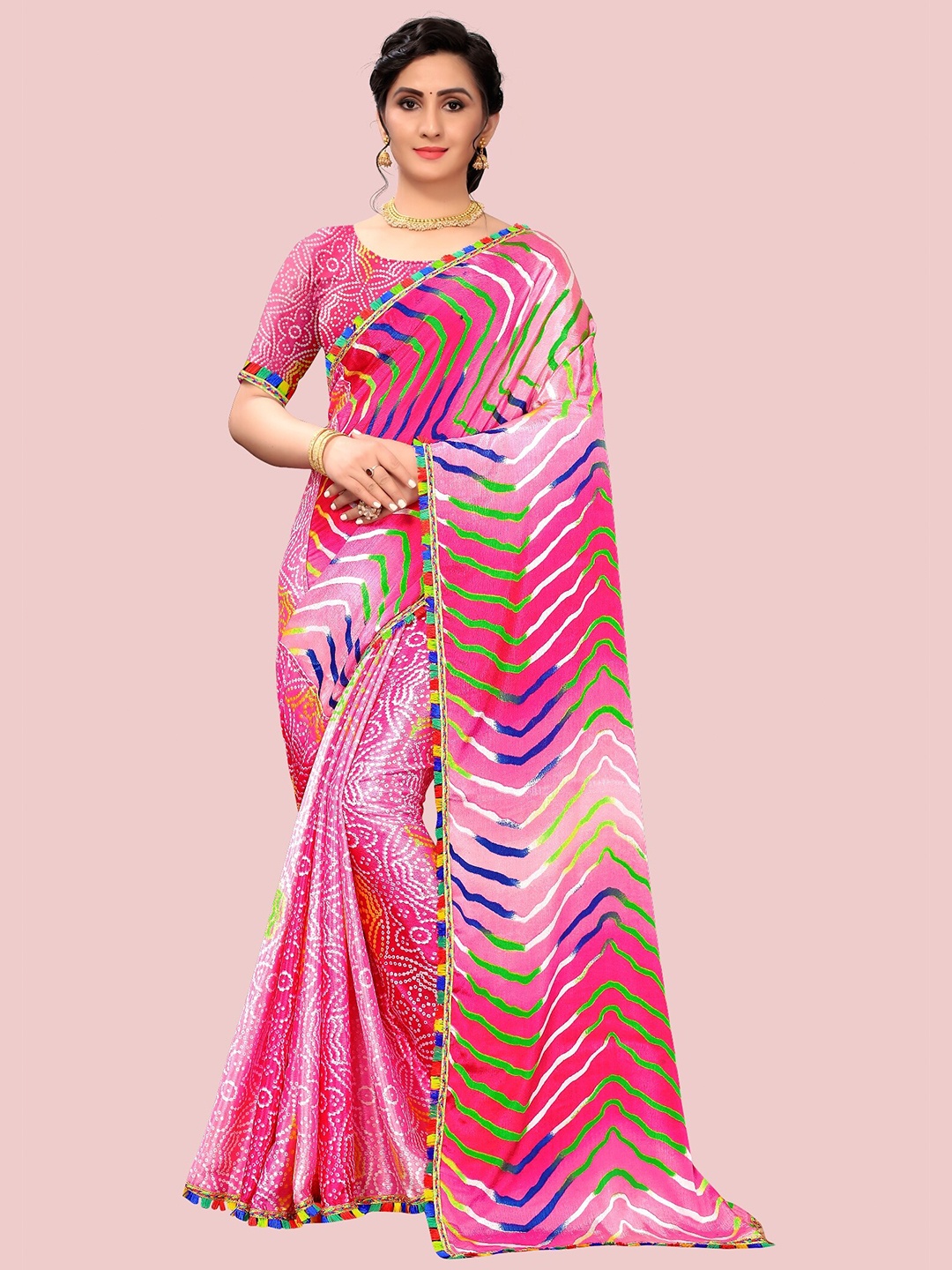 

LAHEJA Pink & Off White Leheriya Print Striped Saree