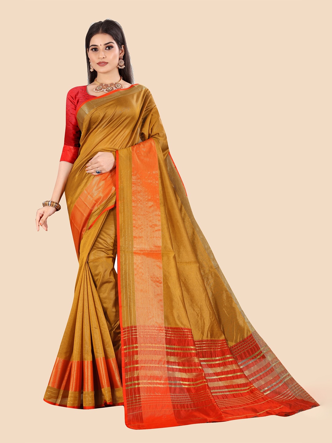 

VAIRAGEE Camel Brown & Red Woven Design Saree
