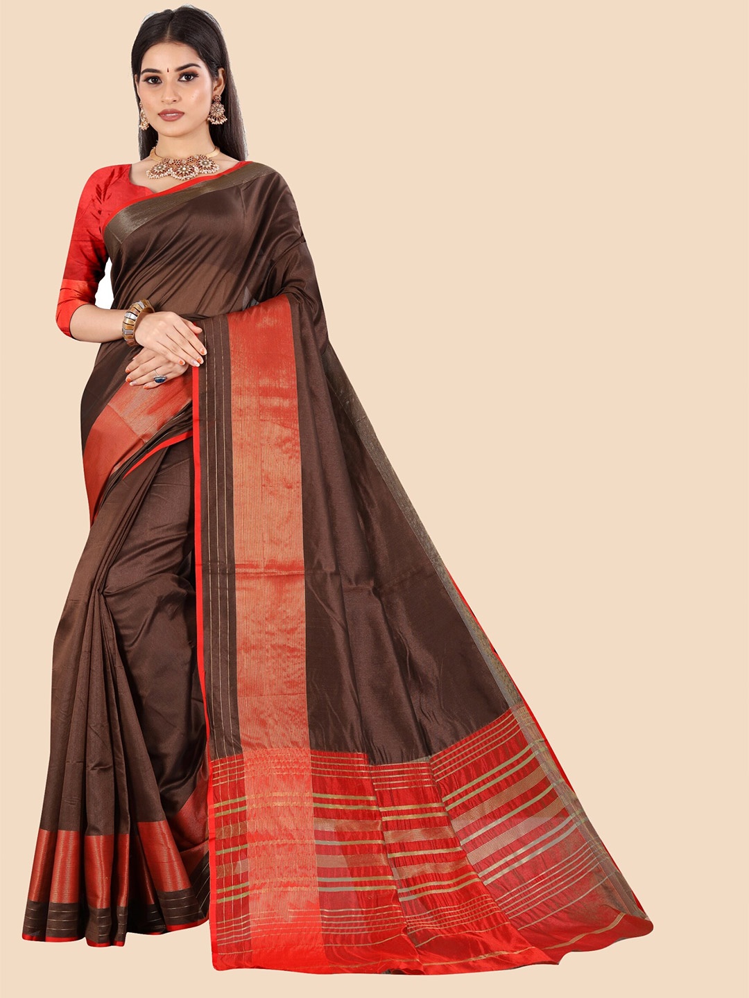 

VAIRAGEE Brown & Red Woven Design Saree